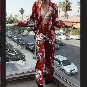 Red Floral Satin Two-Piece Set